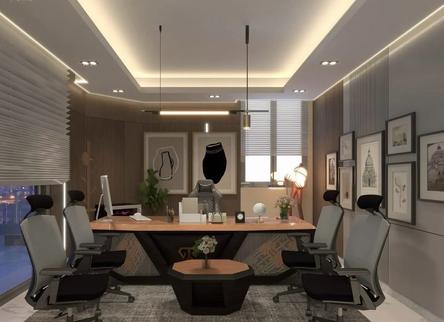 Director’s cabin with a cove-lit false ceiling, framed artwork and a meeting desk facing a city-view window