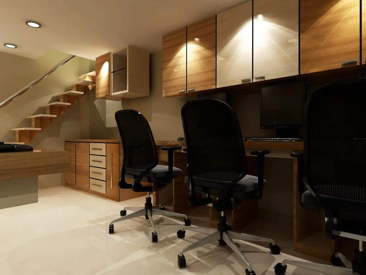 Workstations beneath a floating staircase, with wood-finish overhead cabinets and mesh chairs