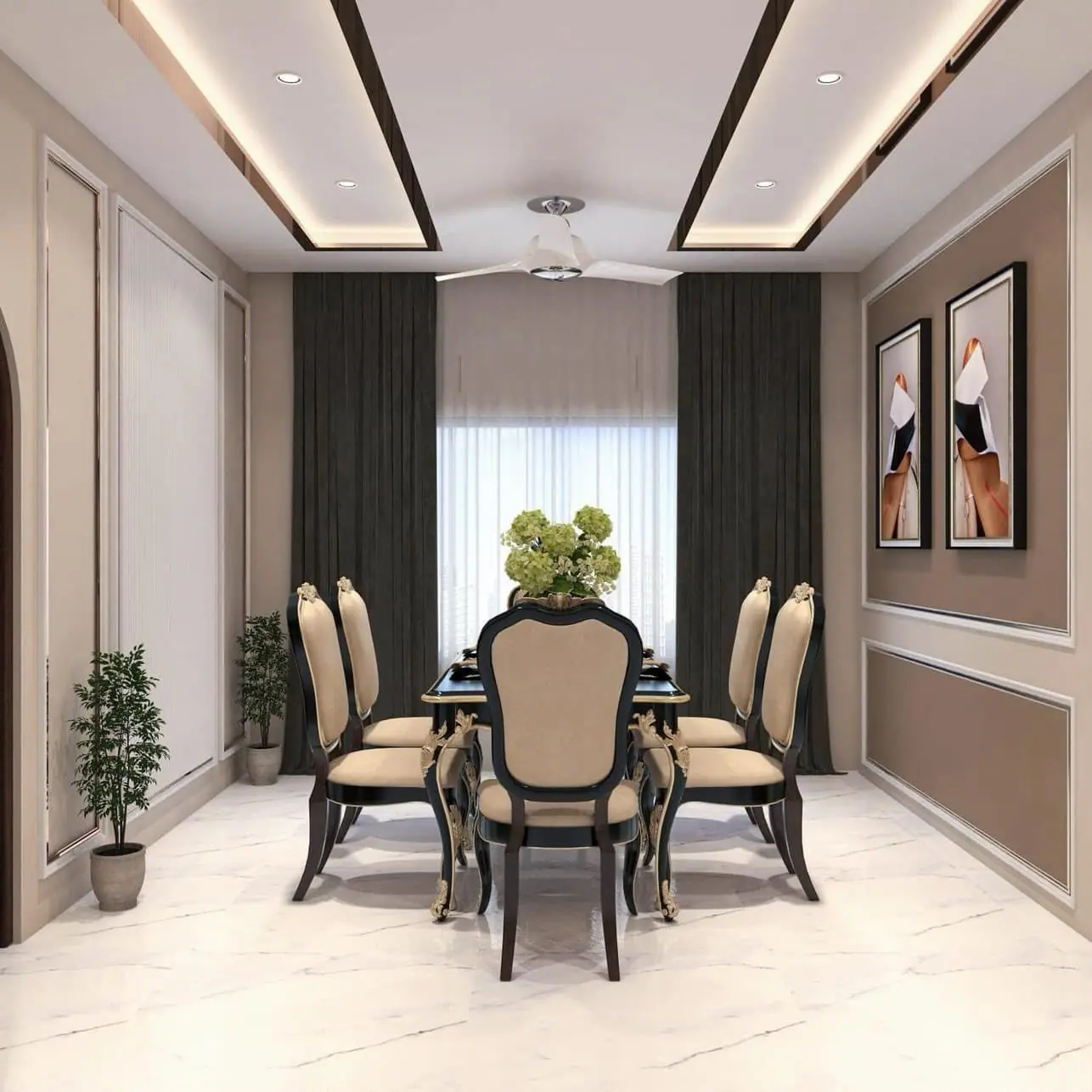 Classic dining room design with carved chairs, framed art and a panelled ceiling