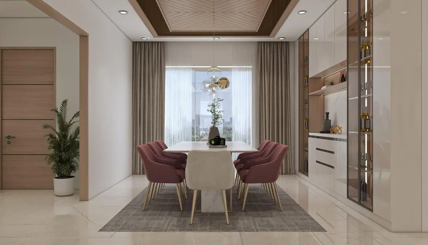 Dining room design with rose chairs, a window wall and a wood-trimmed ceiling
