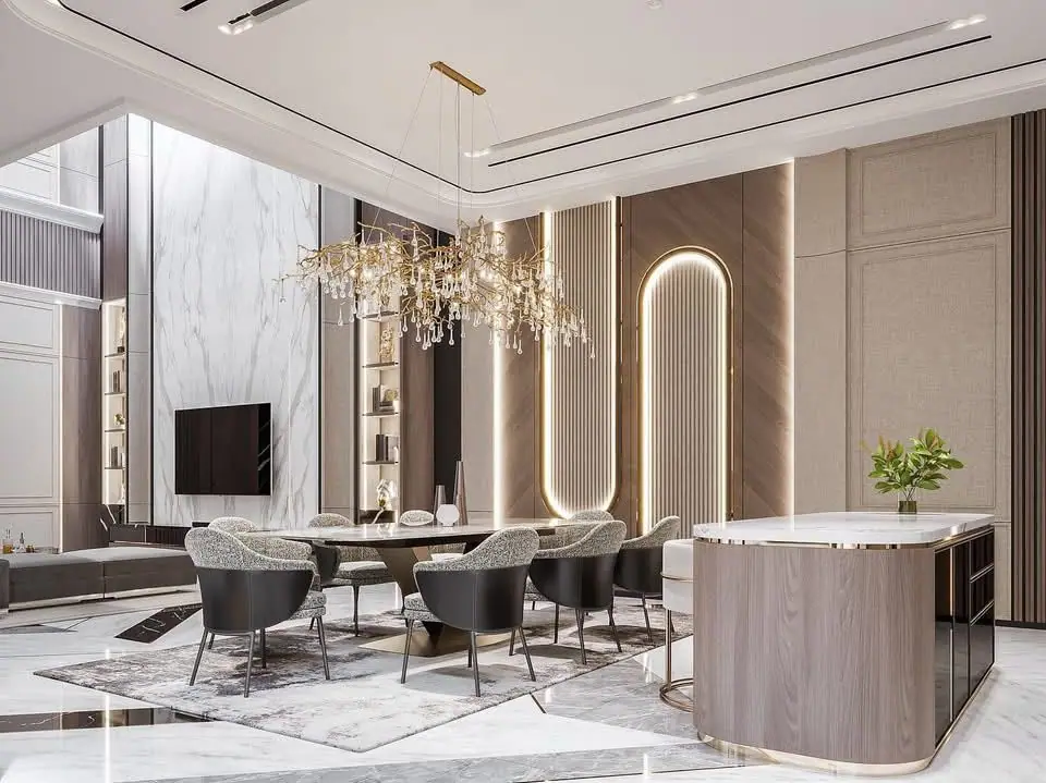 Open dining and kitchen design with an island counter and chandelier