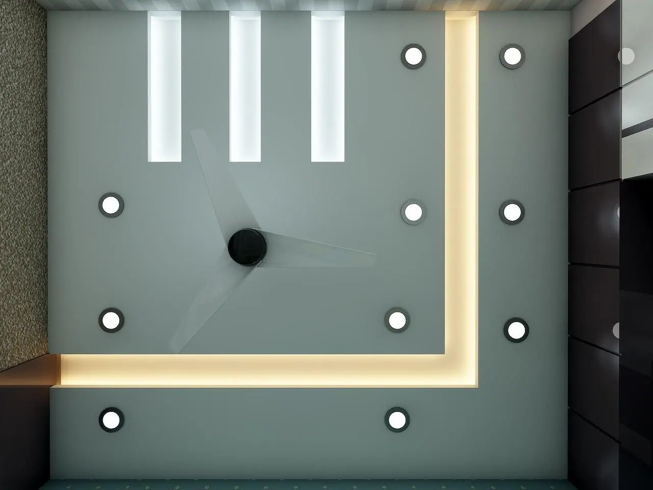 Plan view of a false ceiling with linear slots and an L-shaped cove