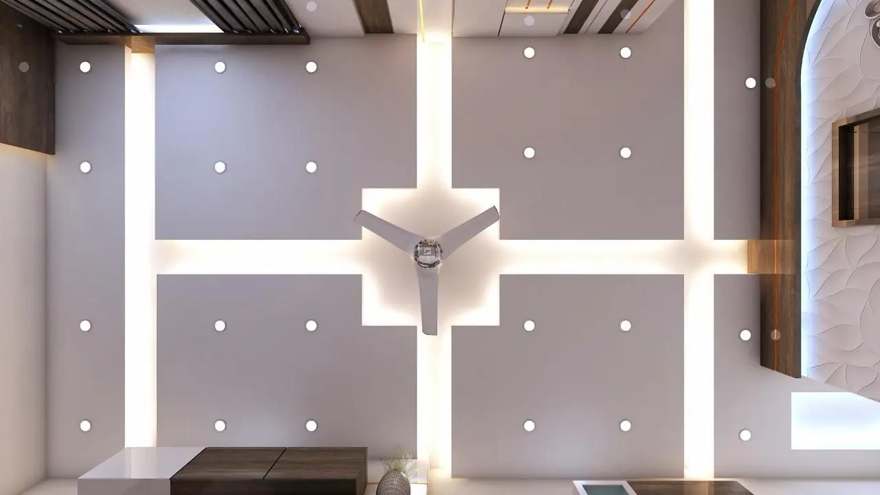 Plan view of a false ceiling with a cross-shaped cove around the fan