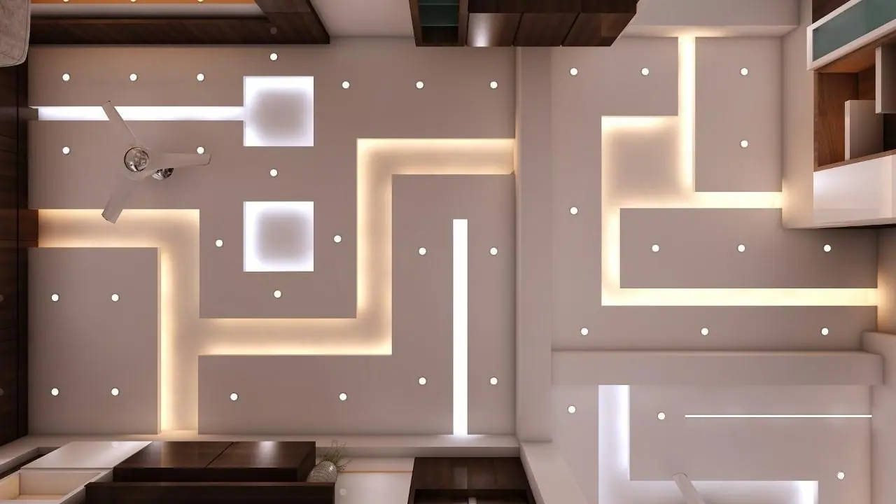 Plan view of a false ceiling with a stepped geometric cove pattern