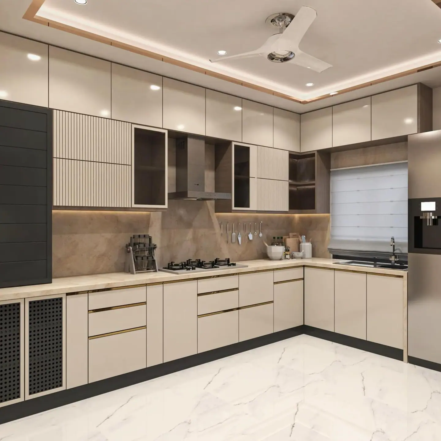 L-shaped modular kitchen design with gloss cabinets, fluted panels and a stone backsplash