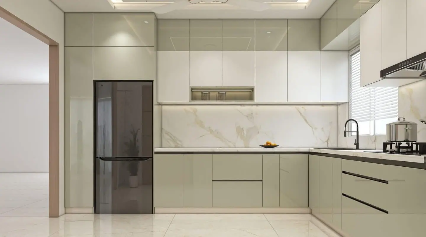 Kitchen design with sage-green units and a tall refrigerator unit