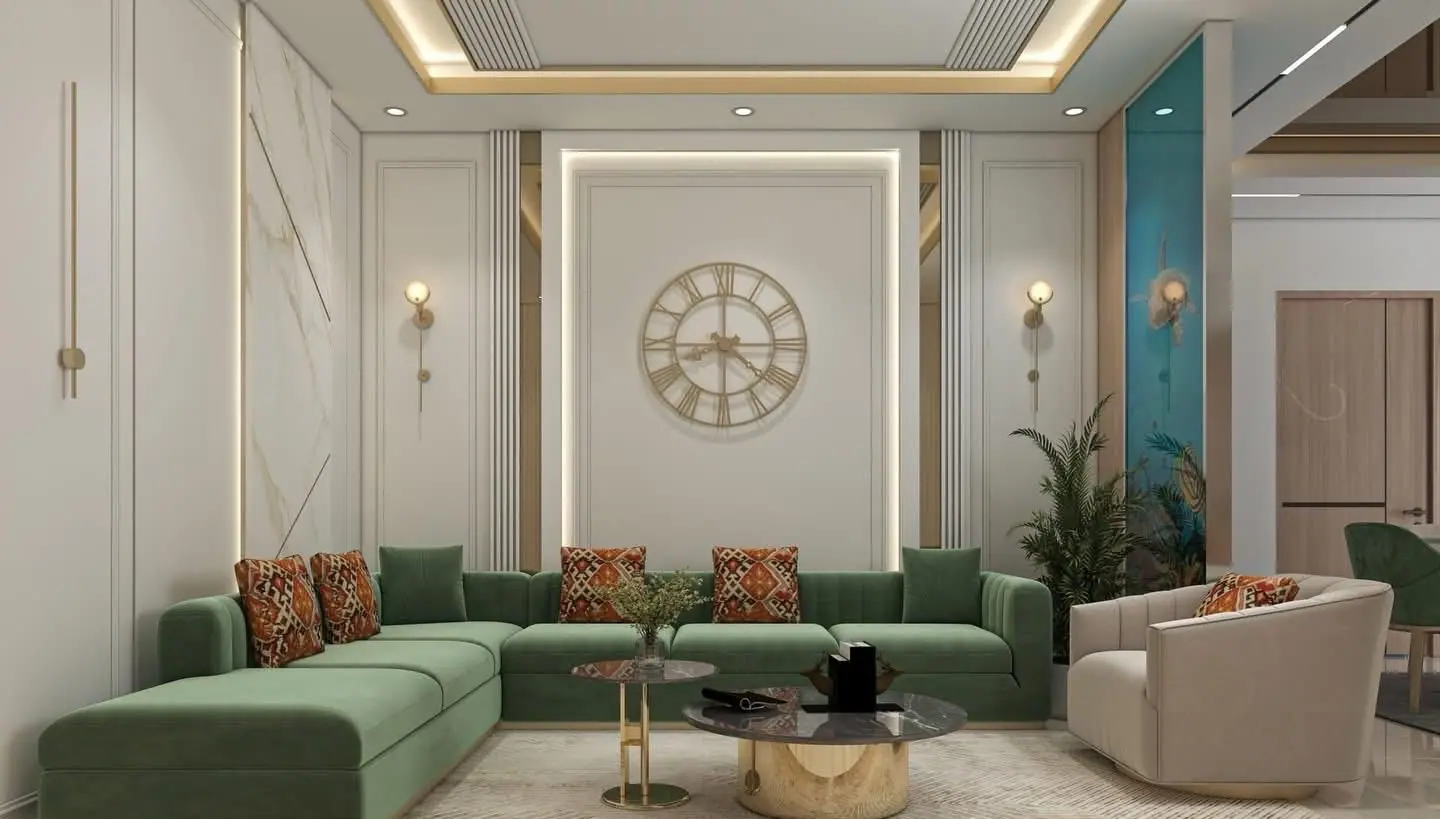 Living room design with a green sectional, clock feature wall and panelled walls