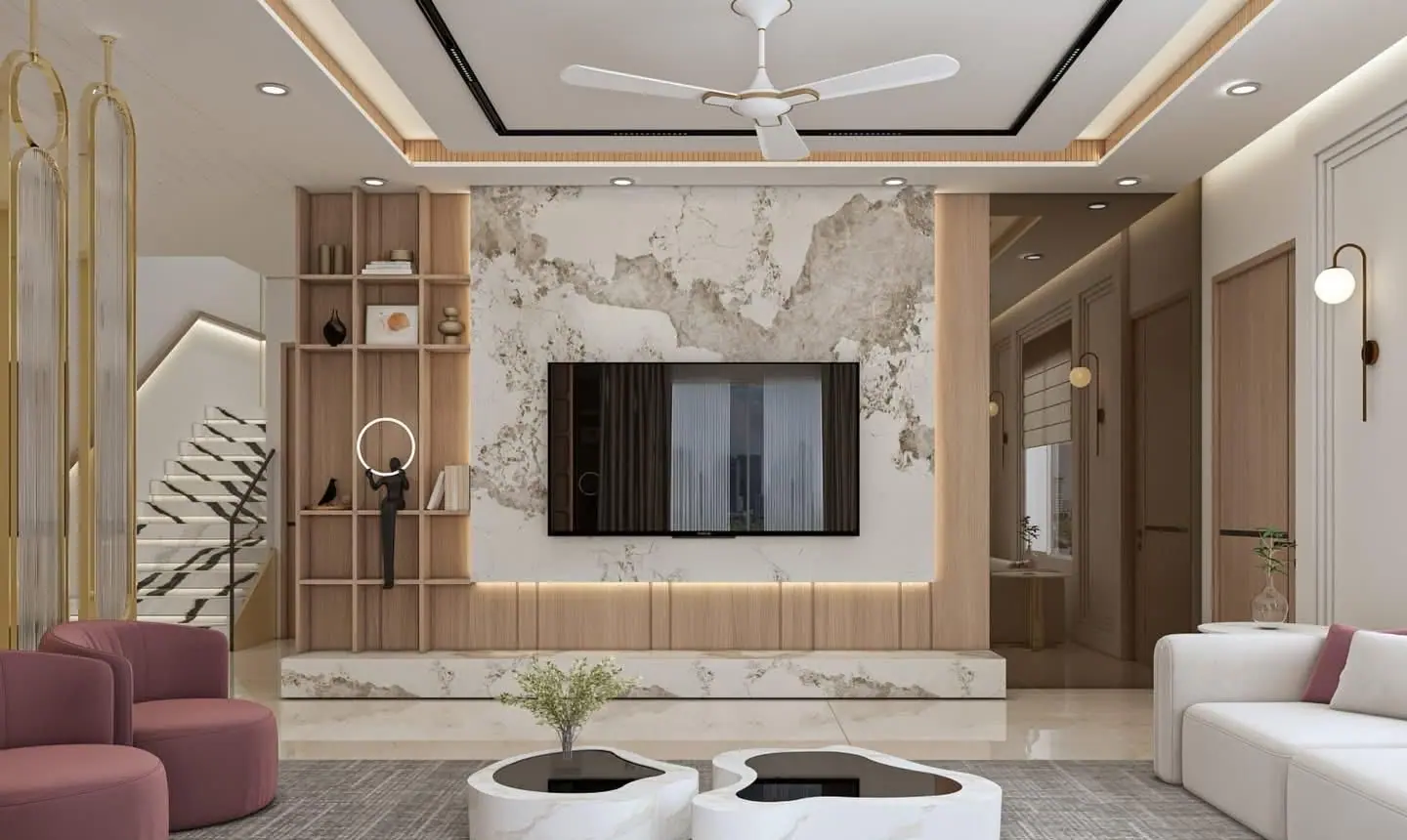 Living room design with a marble TV wall, display shelving and curved lounge seating