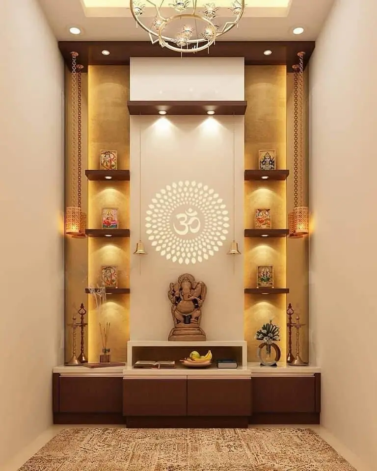 Mandir design with an illuminated Om panel, lit niches and a wooden base unit