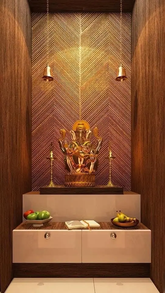 Mandir design with a herringbone timber backdrop