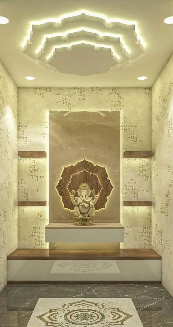 Mandir design with a lotus-shaped ceiling and a backlit panel