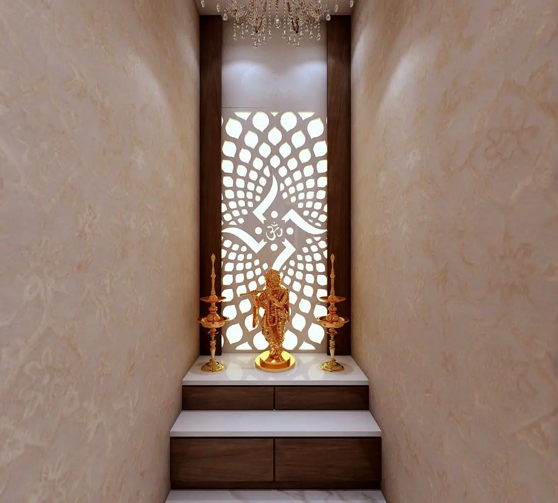 Mandir design with a backlit jali panel and a marble ledge