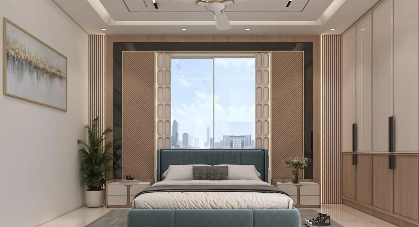 Bedroom design with a tall window wall, full-height wardrobes and an upholstered bed
