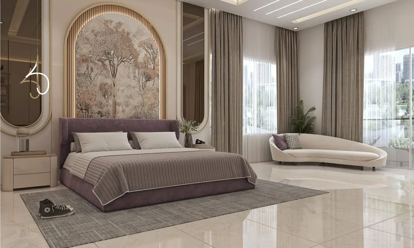 Bedroom design with an arched mural headboard wall and a chaise by the window