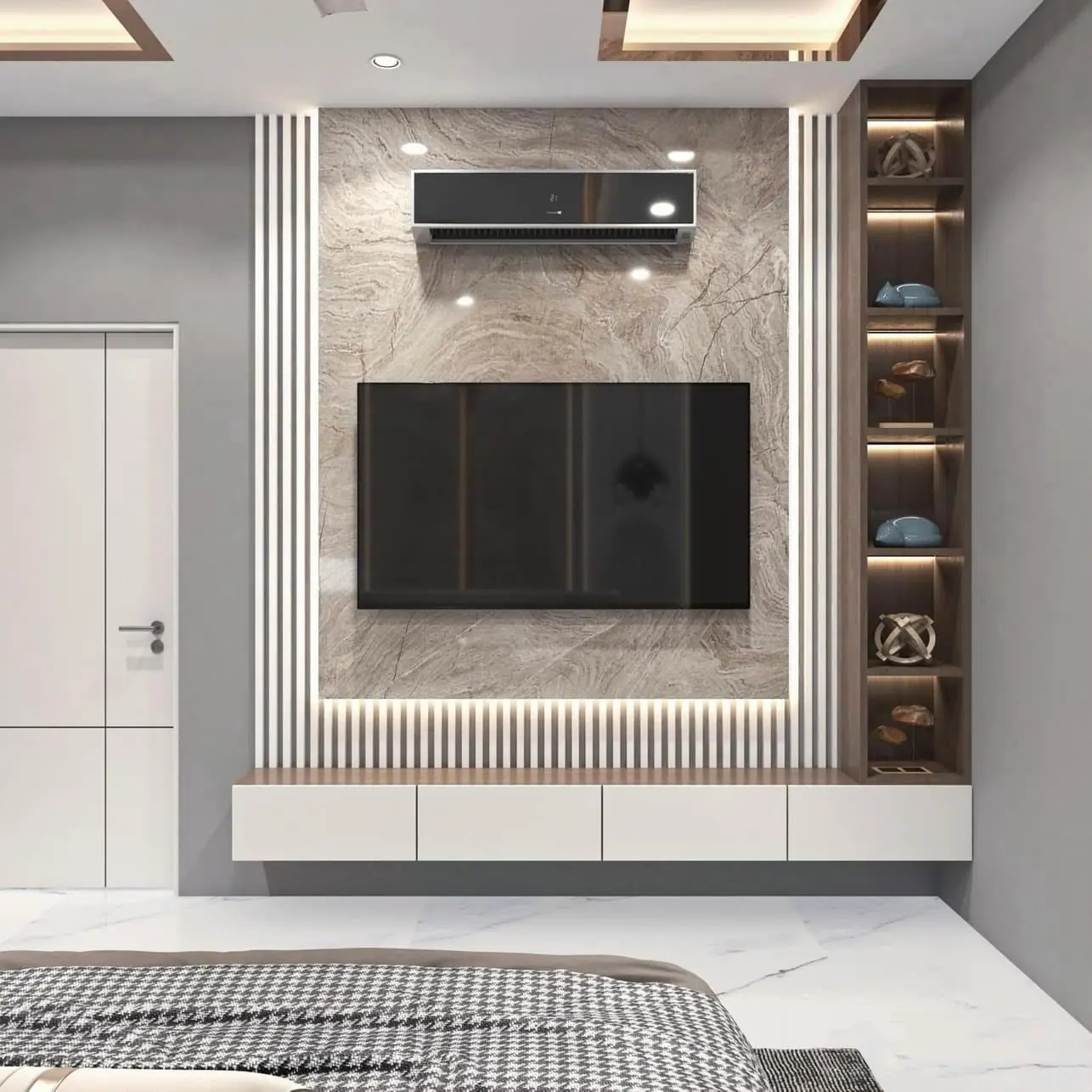 Bedroom TV wall with a stone-effect panel, backlit display shelves and a floating console