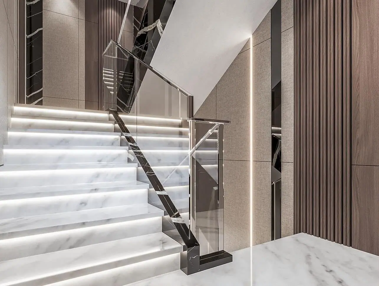 Staircase design with step lighting and a glass balustrade