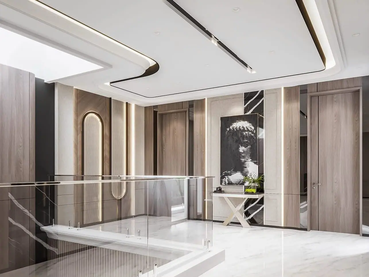 Stair landing design with a glass railing, sculpted ceiling and panelled walls